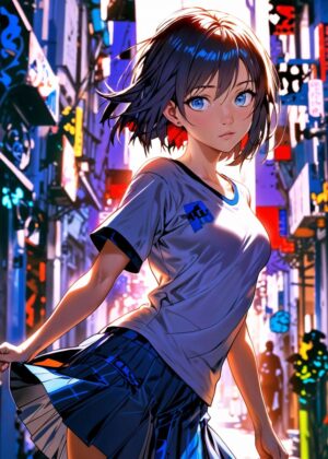 Anime Girl Urban Twilight: Vibrant Cityscape and Anime Beauty - Premium Wooden Framed Poster. Ready to Hang.