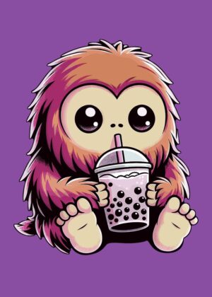 Adorable Bigfoot Enjoying Bubble Tea - Premium Wooden Framed Poster. Ready to Hang.