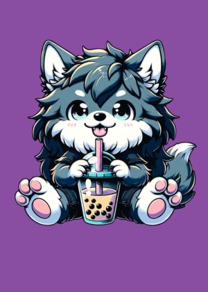 Adorable Werwolf Bubble Tea Artwork - Premium Wooden Framed Poster. Ready to Hang.