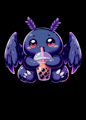 Adorable Mothman Sipping Bubble Tea - Premium Wooden Framed Poster. Ready to Hang.