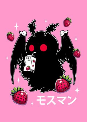 Mothman and Strawberries: Kawaii Cryptid Art Print - Premium Wooden Framed Poster. Ready to Hang.