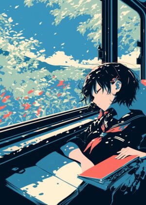 Tranquil Journey: Anime Girl Sleeping on a Train - Premium Wooden Framed Poster. Ready to Hang.
