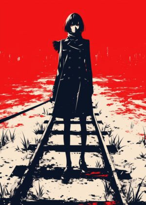 Mysterious Figure on Railway Tracks: Red Cityscape Artwork - Premium Wooden Framed Poster. Ready to Hang.