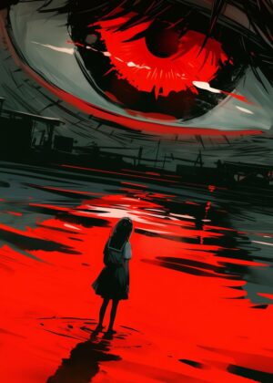 Crimson Reflection: A Glimmer of Hope in Darkness - Premium Wooden Framed Poster. Ready to Hang.