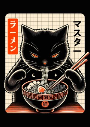 Ramen Cat: A Deliciously Dark Artwork - Premium Wooden Framed Poster. Ready to Hang.