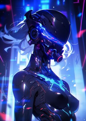 Cyberpunk Female Warrior: High-Tech Future Art Print - Premium Wooden Framed Poster. Ready to Hang.