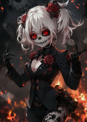 Death Anime Skull Girl: Dark Fantasy Art Print - Premium Wooden Framed Poster. Ready to Hang.