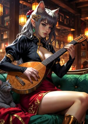 Anime Girl Musician: Elegant Fantasy Art Print - Premium Wooden Framed Poster. Ready to Hang.