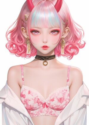 Pink Oni Samurai: Anime Girl Digital Art Print - Premium Wooden Framed Poster. Ready to Hang.