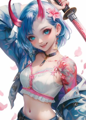 Samurai Oni Girl: Anime Art Print - Premium Wooden Framed Poster. Ready to Hang.
