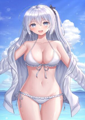 Adorable Anime Girl in White Bikini Artwork - Premium Wooden Framed Poster. Ready to Hang.