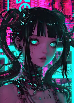 Neon Cyberpunk Anime Girl Art Print - Premium Wooden Framed Poster. Ready to Hang.