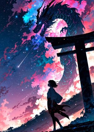 Manga Dragon and Girl Under Starry Sky - Premium Wooden Framed Poster. Ready to Hang.