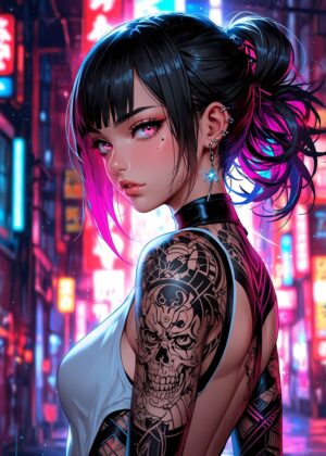 Neon City Cyberpunk Girl Art Print - Premium Wooden Framed Poster. Ready to Hang.