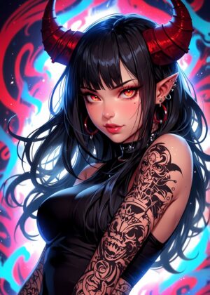 Devilish Demon Girl: Anime Art Print - Premium Wooden Framed Poster. Ready to Hang.