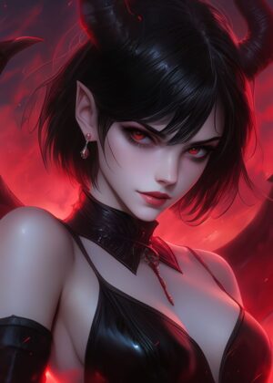 Anime Gothic Demon Girl: Dark Fantasy Art Print - Premium Wooden Framed Poster. Ready to Hang.