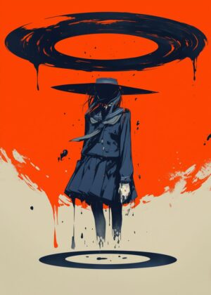 Mysterious Girl in an Orange Abyss - Premium Wooden Framed Poster. Ready to Hang.