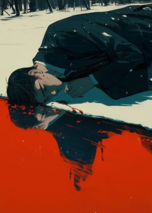 Crimson Reflection: A Study in Winter's Sorrow - Premium Wooden Framed Poster. Ready to Hang.
