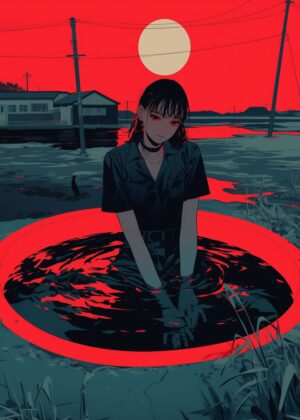 Crimson Reflections: An Eerie Anime Art Print - Premium Wooden Framed Poster. Ready to Hang.