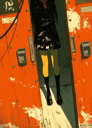 Abnormal Core: Mysterious Girl in a Rusty Doorway - Premium Wooden Framed Poster. Ready to Hang.