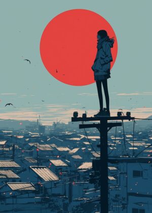 Loneliness Under a Crimson Sky: Anime Art Print - Premium Wooden Framed Poster. Ready to Hang.