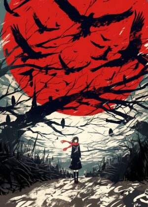 Crimson Sun and Solitary Figure: A Gothic Anime Art Print - Premium Wooden Framed Poster. Ready to Hang.