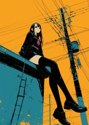 Urban Anime Girl Art Print: Abstract Cityscape - Premium Wooden Framed Poster. Ready to Hang.