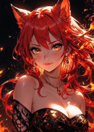 Fiery Kitsune: Anime Art Print - Premium Wooden Framed Poster. Ready to Hang.