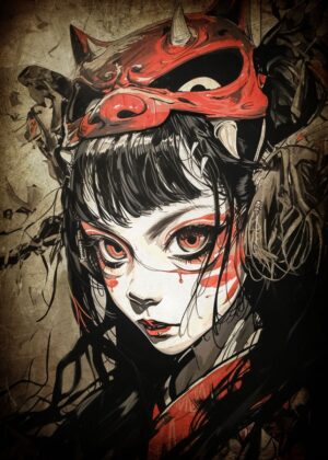 Oni Mask Geisha: Japanese Art Print - Premium Wooden Framed Poster. Ready to Hang.
