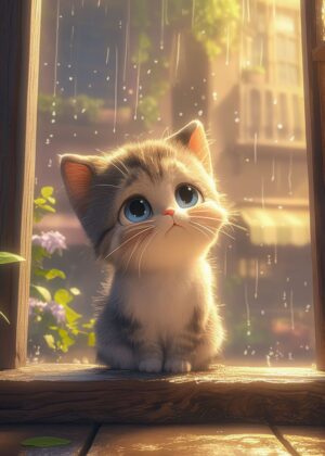 Adorable Anime Kitten Watching the Rain - Premium Wooden Framed Poster. Ready to Hang.
