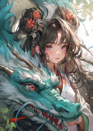 Dragon Maidens Grace: Anime Art Print - Premium Wooden Framed Poster. Ready to Hang.