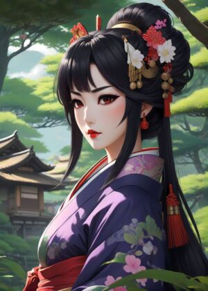 Elegant Anime Geisha in a Serene Garden - Premium Wooden Framed Poster. Ready to Hang.