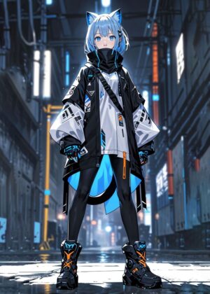 Cyberpunk Catgirl in Neon Alley - Premium Wooden Framed Poster. Ready to Hang.