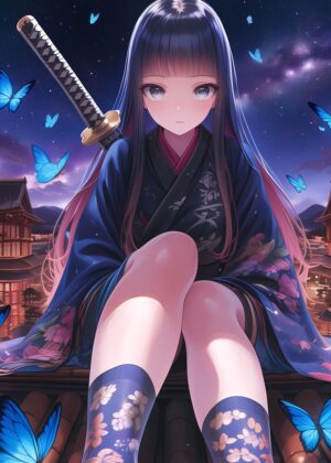 Anime Ninja Girl with Butterflies - Premium Wooden Framed Poster. Ready to Hang.