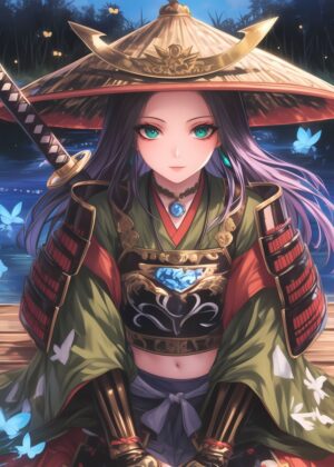 Samurai Girl with Butterflies: Anime Art Print - Premium Wooden Framed Poster. Ready to Hang.