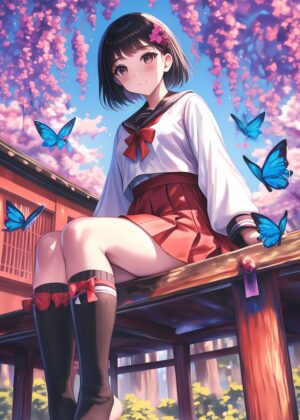 Anime School Girl Under Cherry Blossoms - Premium Wooden Framed Poster. Ready to Hang.