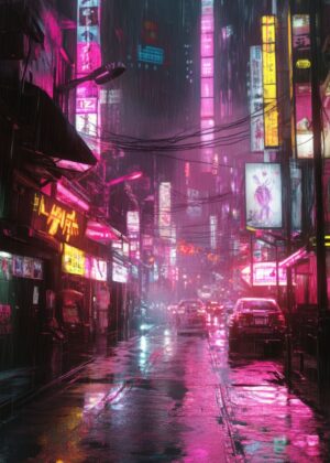 Neon Rain: Cyberpunk Cityscape - Premium Wooden Framed Poster. Ready to Hang.