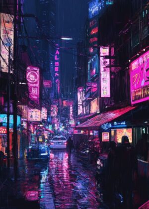Neon Cyberpunk Cityscape: Rain-Soaked Streets - Premium Wooden Framed Poster. Ready to Hang.