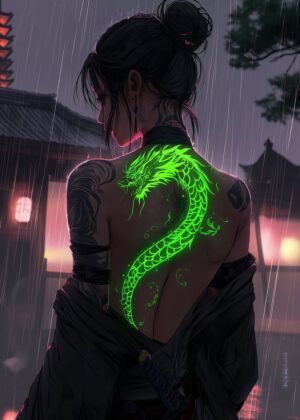 Dragon Glow: Cyberpunk Samurai Art Print - Premium Wooden Framed Poster. Ready to Hang.