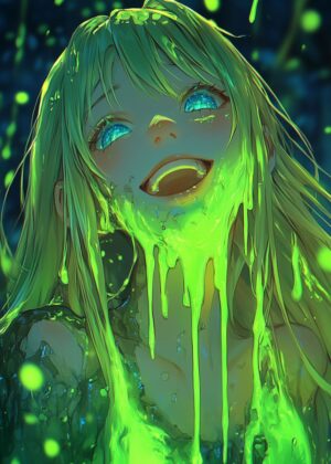 Vibrant Green Slime Anime Girl Art Print - Premium Wooden Framed Poster. Ready to Hang.