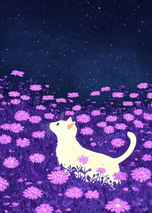 Serene Night: Cat Amidst Violet Flowers - Premium Wooden Framed Poster. Ready to Hang.