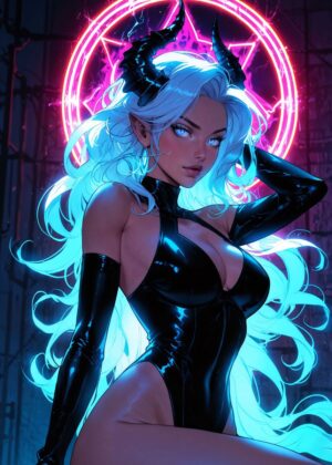 Neon Devil Girl: Anime Art Print - Premium Wooden Framed Poster. Ready to Hang.
