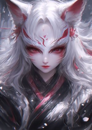 Mystical Fox Mask Girl: Anime Art Print - Premium Wooden Framed Poster. Ready to Hang.