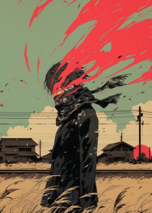 Crimson Echoes: An Anime-Inspired Art Print - Premium Wooden Framed Poster. Ready to Hang.