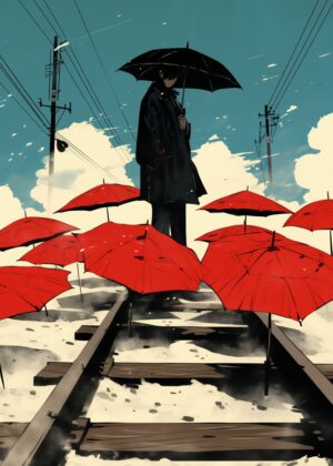 Melancholy Under the Umbrellas: An Artistic Exploration of Solitude - Premium Wooden Framed Poster. Ready to Hang.