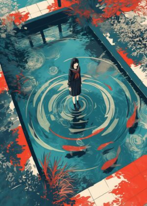 Serene Reflections: A Girl in a Koi Pond - Premium Wooden Framed Poster. Ready to Hang.