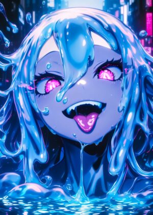 Cyberpunk Slime Girl: Digital Art Print - Premium Wooden Framed Poster. Ready to Hang.