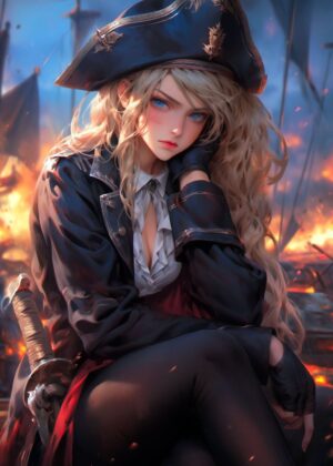 Pirate Siren: A Captivating Digital Art Print - Premium Wooden Framed Poster. Ready to Hang.