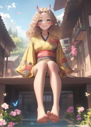 Oni Girl in a Tranquil Village Setting - Premium Wooden Framed Poster. Ready to Hang.