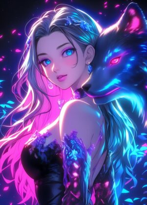 Neon Fox Girl: Enchanting Digital Art Print - Premium Wooden Framed Poster. Ready to Hang.